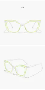 Detail view of narrow cat-eye glasses with transparent frame and neon green accents.