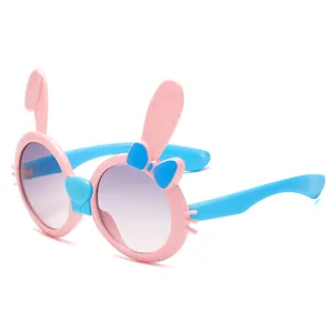 Cute pink rabbit ears children's sunglasses with blue bow and round gradient lenses