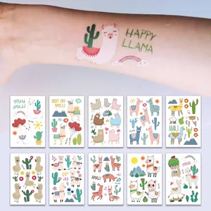 Cute cartoon llama and cactus theme temporary tattoo stickers for children, set of 10 sheets