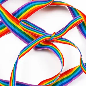 Close-up of vibrant rainbow polyester ribbon with fine woven texture and knot detail