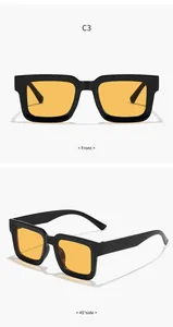 Dual view display of modern black square frame sunglasses featuring yellow lenses