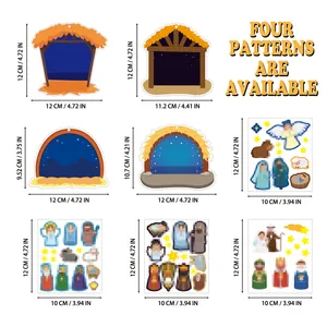 Nativity scene sticker set dimensions showing various stables and character sheets