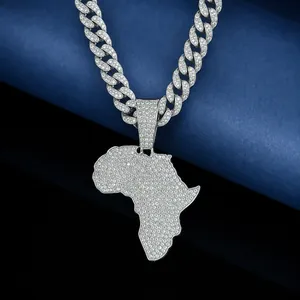 Hiphop Africa Map Pendant Necklace Alloy Rhinestone Full Iced Out Cuban Link Chain Streetwear Jewelry For Men Women Gold Silver