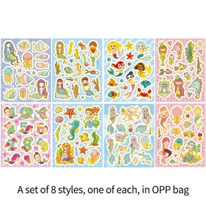 Set of eight colorful mermaid and ocean creature cartoon stickers for kids handbook decoration