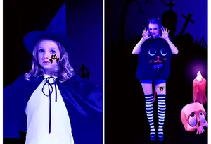 Fluorescent Halloween tattoo stickers for kids showing glowing effect on face and leg