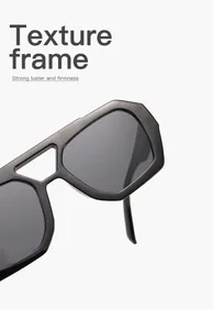 Detail shot of black irregular double beam sunglasses with a glossy texture frame.