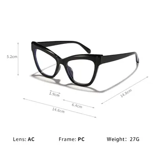 Stylish black cat-eye anti-blue light glasses frame for women showing full dimensions