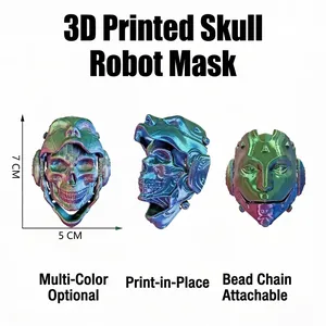 Detailansicht der 7 cm großen, irisierenden 3D-gedruckten Totenkopf-Robotermaske