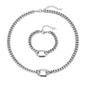Titanium Staal Cubaanse Schakelketting Halsketting Armband Set Voor Mannen Hip Hop Minimalistisch Ovale Schakelverbinding Gepolijst Zilveren Sieraden