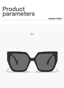 Front view of black oversized square cat-eye sunglasses with thick frame and dark lenses