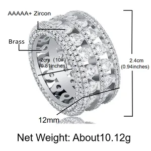 Bague hip-hop homme en laiton avec zircons AAAAA et mesures précises du diamètre et de la largeur.