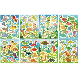 Set of 8 sheets featuring various colorful cartoon dinosaur stickers for kids' journaling