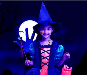 Fluorescent Halloween stickers on child model including pumpkin and witch designs