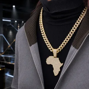 Hip-hop iced-out Africa map pendant necklace on a chunky gold Cuban link chain