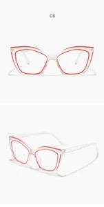 Detailed view of transparent cat-eye frame glasses with distinctive red inner rim accent