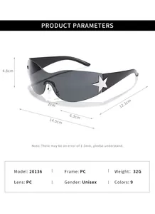 Dimensiones detalladas y especificaciones de materiales para gafas de sol con estrella.