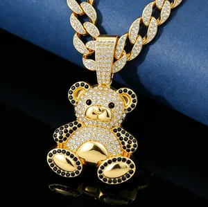 Collana con Ciondolo a Orso Iced Out Hip Hop Lega Strass Pieno Diamante Ciondolo Animale Catena Cubana Gioielli da Uomo