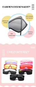 Detail view of colorful oversized children's sports sunglasses with soft pink background