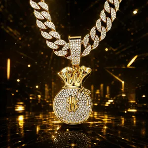 Hip Hop Homme Alliage Strass Sac d'Argent Pendentif Collier Avec Signe Dollar Et Chaîne Cubaine 18 Pouces Bijoux Mode