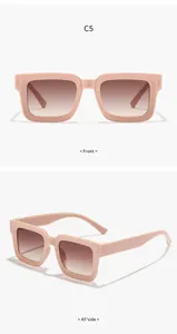 Detailed front and 45-degree side views of pink square frame sunglasses with gradient lenses.