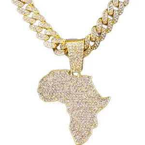 Iced out Africa map pendant necklace with gold Cuban link chain for hip hop style