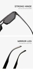 Detail view of retro irregular sunglasses showing strong hinge and comfortable mirror legs