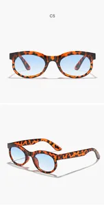 Vistas detalladas frontal y lateral de gafas de sol retro de carey con lentes teñidas azul.