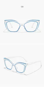 Professional detail view of clear cat-eye sunglasses with a stylish blue inner rim
