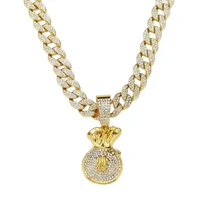 Collier chaîne Cuban link or pour homme avec pendentif sac d'argent serti de strass