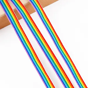 Close-up of rainbow polyester webbing strap showing fine woven texture.
