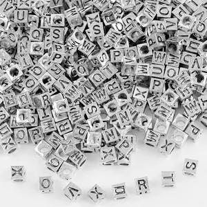 Silver square alloy letter beads 7x7mm for DIY jewelry making