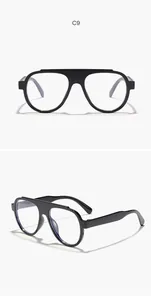 Front and side views of oversized black frame glasses with aviator style bridge