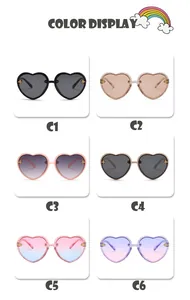 Detailed view of children's vintage heart-shaped sunglasses with bee accents in 6 colors