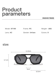 Size diagram for double beam irregular sunglasses with 14.3cm width and 5.1cm height