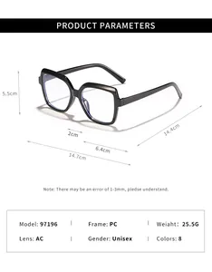 Dimensioni dettagliate e parametri montatura PC per occhiali quadrati anti-luce blu alla moda