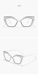 Close-up view of stylish clear cat-eye glasses frames featuring black inner rim details