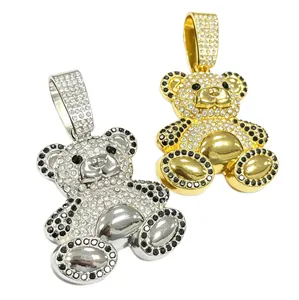 Ciondoli a forma di orsetto hip hop in oro e argento con strass scintillanti per uomo