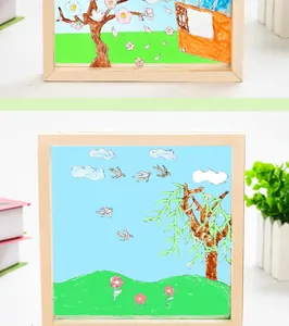 Detailansicht fertiger DIY handbemalter Frühlingsszenen in hölzernen Acryl-Displayrahmen