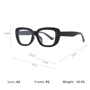 Stylish black square anti-blue light glasses frame for women with detailed size specs