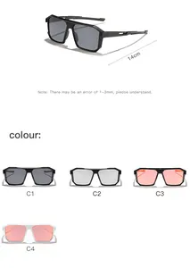 Vistas detalladas de gafas de sol deportivas rectangulares con espejo, dimensiones 14 cm.