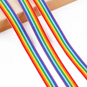 Detailed macro view of rainbow striped polyester ribbon for DIY gift and baking packaging