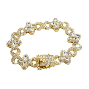 Luxury gold-toned four-leaf clover infinity Cuban link necklace with full rhinestone pavé