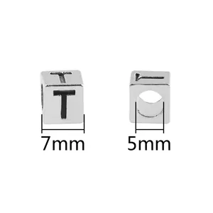 Silver alloy square letter T bead for DIY jewelry, 7mm outer width and 5mm hole