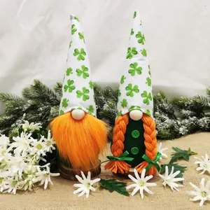 Detail of St. Patrick's Day gnomes featuring green shamrock hats and orange beards.