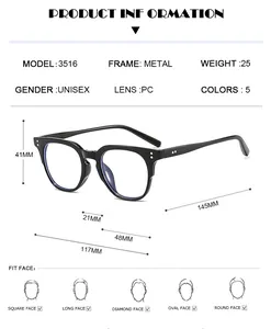 Gedetailleerde specificaties van de retro metalen anti-blauw licht bril met afmetingen