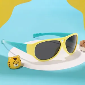 Kinder-Piloten-Sonnenbrille mit gelben Rahmen und blaugrünen Bügeln für UV-Schutz