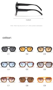 Detailed view of retro irregular double bridge sunglasses with dimensions and color options