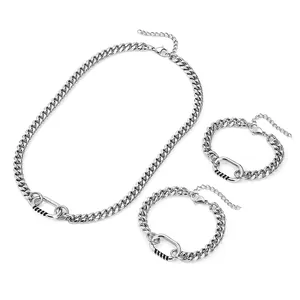 Punk stijl zilveren titanium stalen grove schakelketting ketting en armband set heren