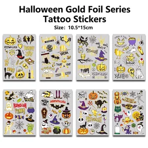 Halloween temporary gold foil tattoo stickers for kids, 8-sheet waterproof sticker set