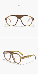 Detailed views of oversized striped eyeglasses frames shown from different angles.